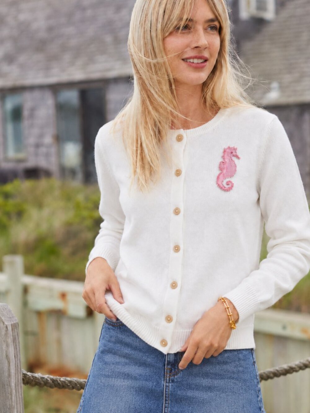Lands End Women White Supima Cotton Cardigan Sweater LP Petite